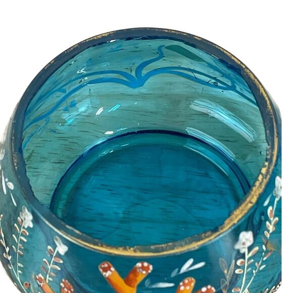 Vtg Signed Moser Art Glass Blue Coral Floral Vanity Jar with Lid Good Condition - Picture 7 of 12